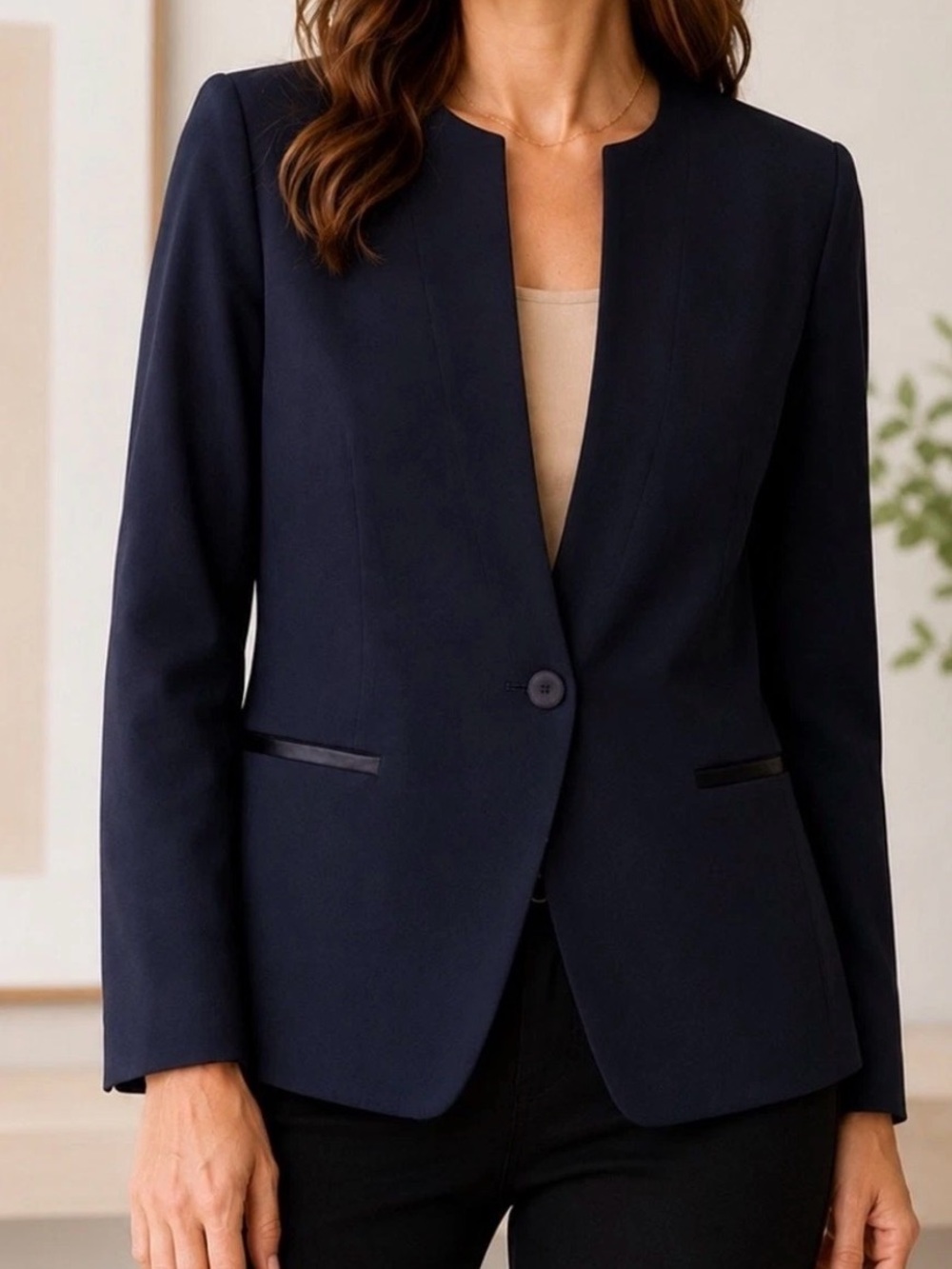Lafayette 148 Collarless Single Button Blazer Jacket 14 Navy Blue Professional